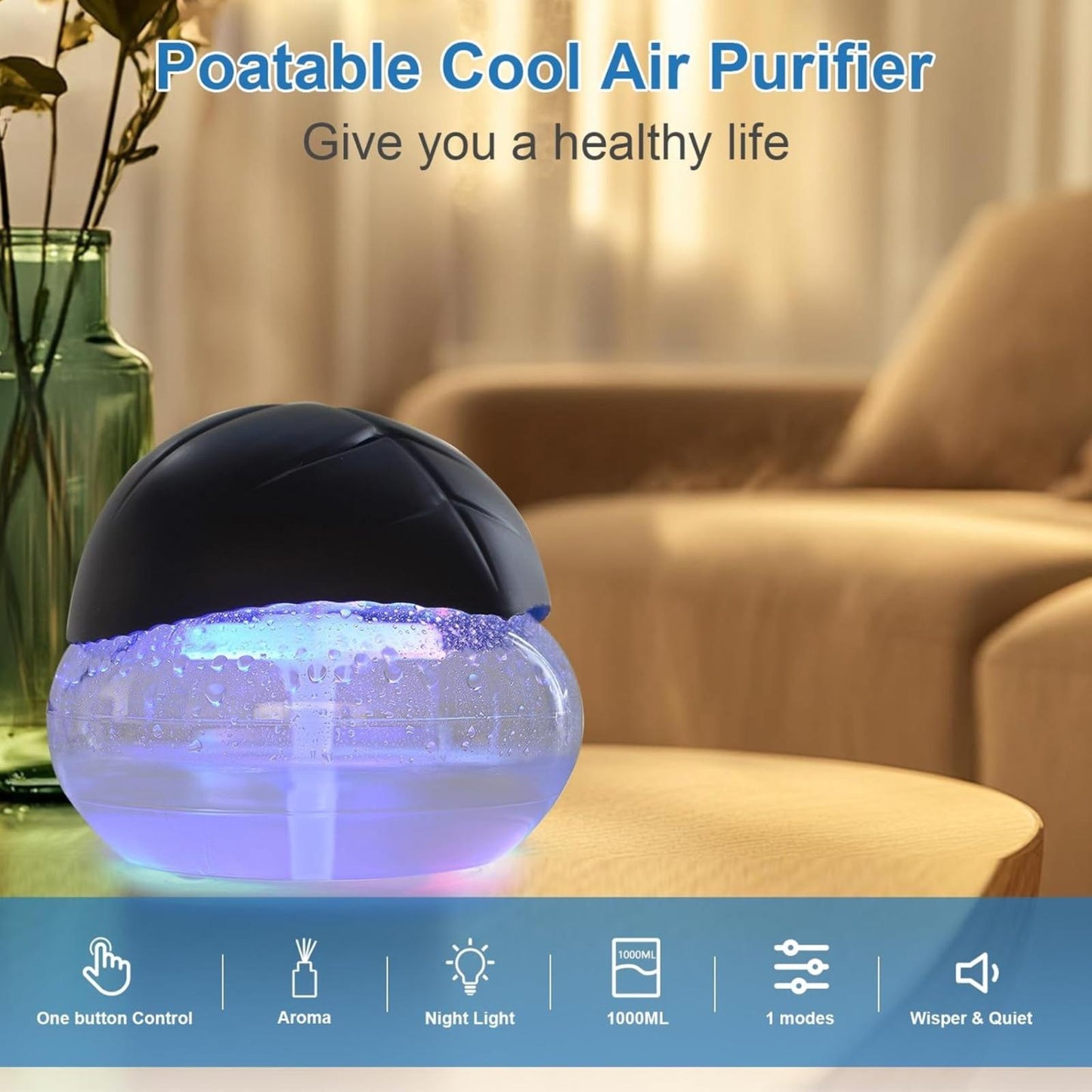 2 Pack Air Purifier with LED Lights for Bedroom, Humidifier Room Appliances, Water Filter Air Purifier for Home, Aroma Diffuser with LED Lights - Blue